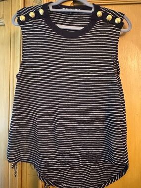 Veronica Beard Jeans Linen Striped Button Shoulder Top Navy White M